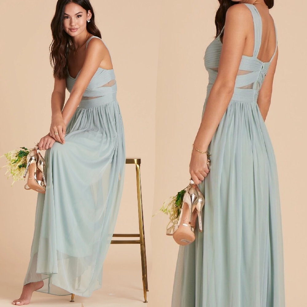 Birdy Grey Elsye Mesh Cutout sweetheart sage green bridesmaid maxi dress